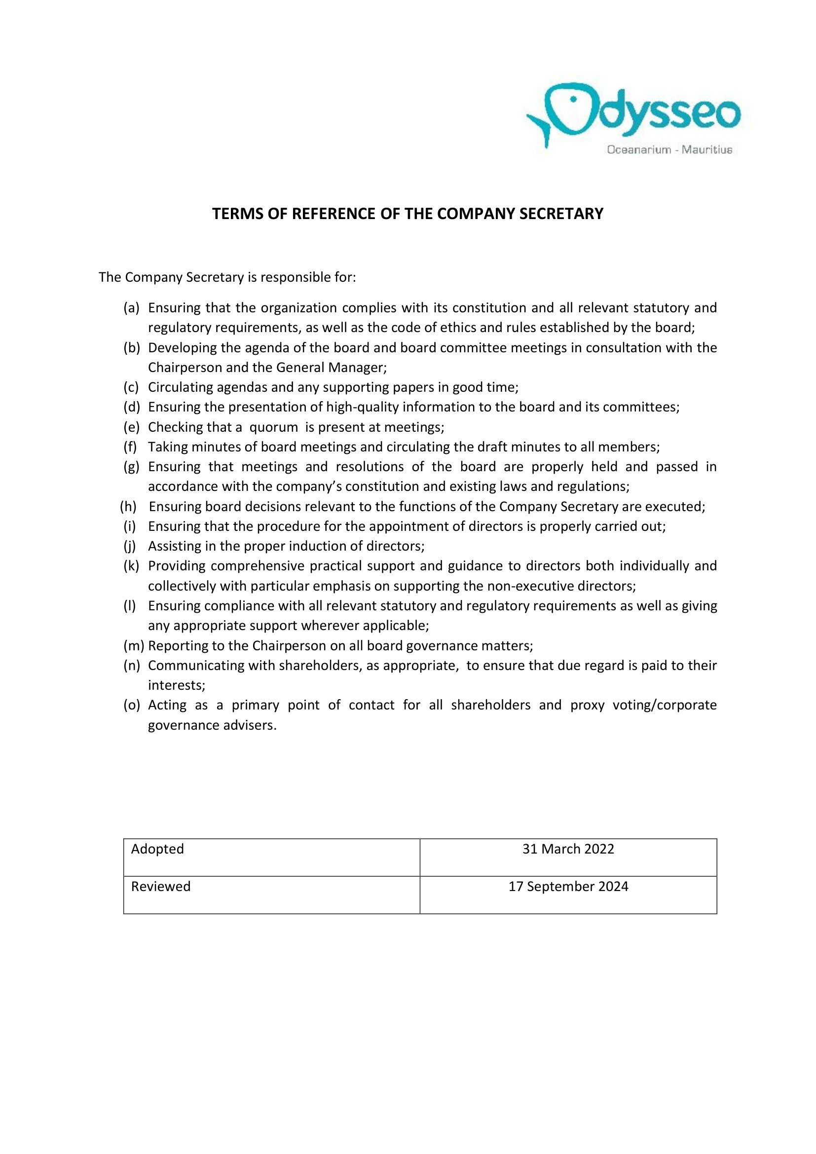 Terms of Reference – Company Secretary