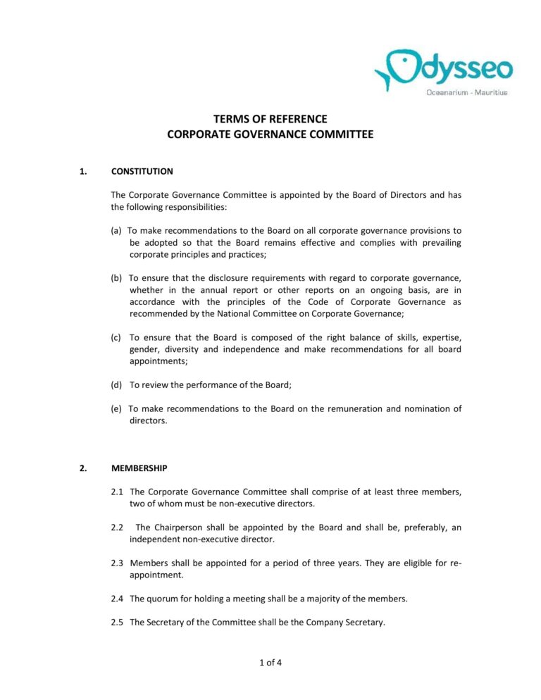 Terms of Reference – Corporate Governance Committee