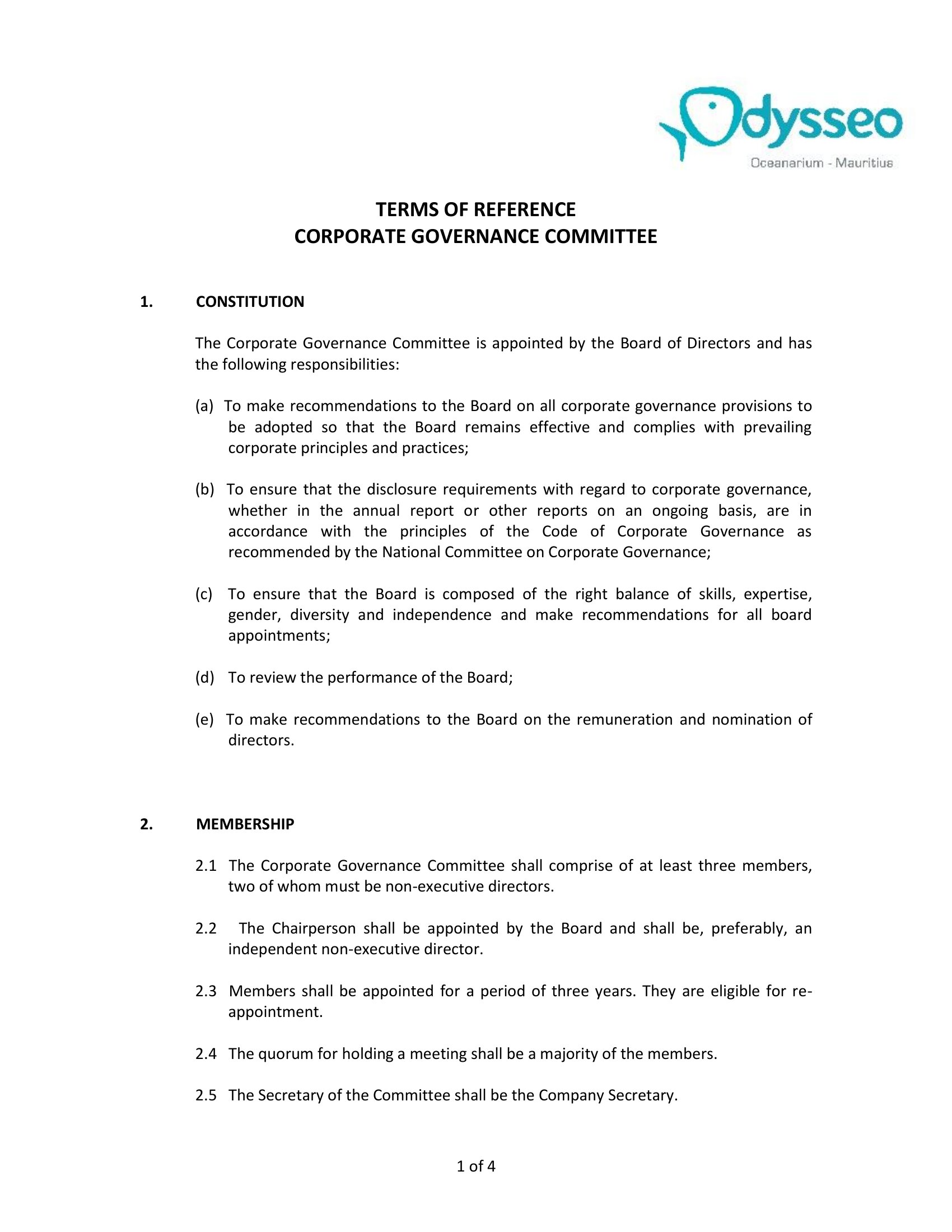 Terms of Reference – Corporate Governance Committee