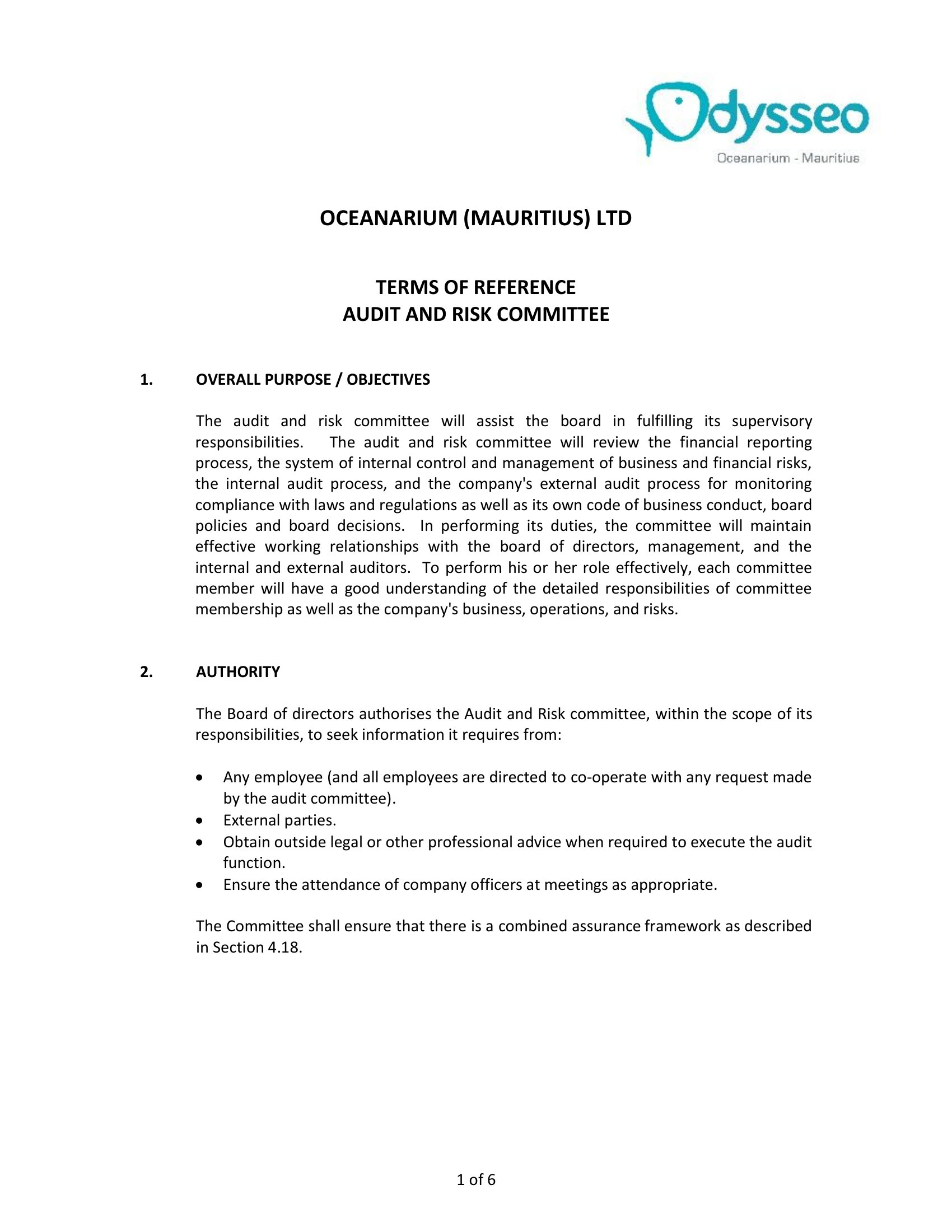 Terms of Reference – Audit & Risk Committee